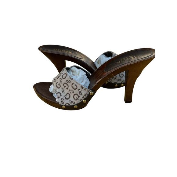 Guess Women's Tan Brown Logo Printed Platforms High Heels Size 7 Y2K 2000s - Picture 5 of 8